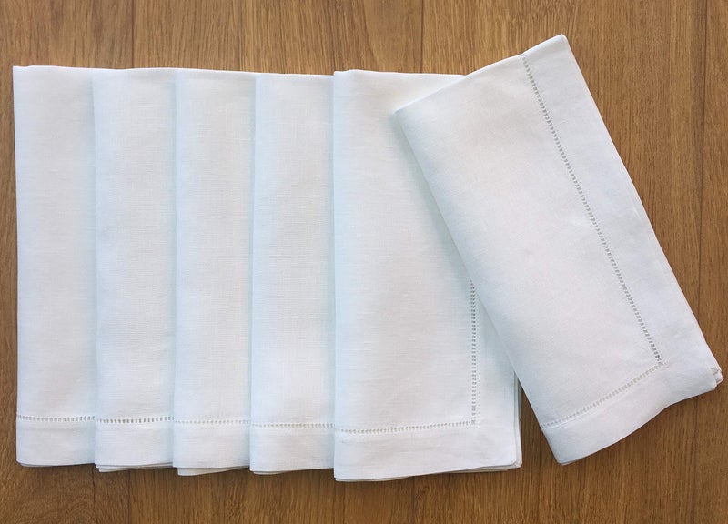 Minhcraft White Linen Hem Stitch Dinner Napkins - Set of 6 20"x20"-Ladder hemstitch 100% Linen Cloth Napkins - Image 1